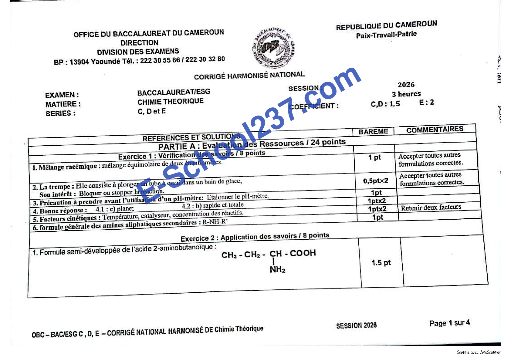 Corrigé harmonisée baccalauréat D, C chimie 2026